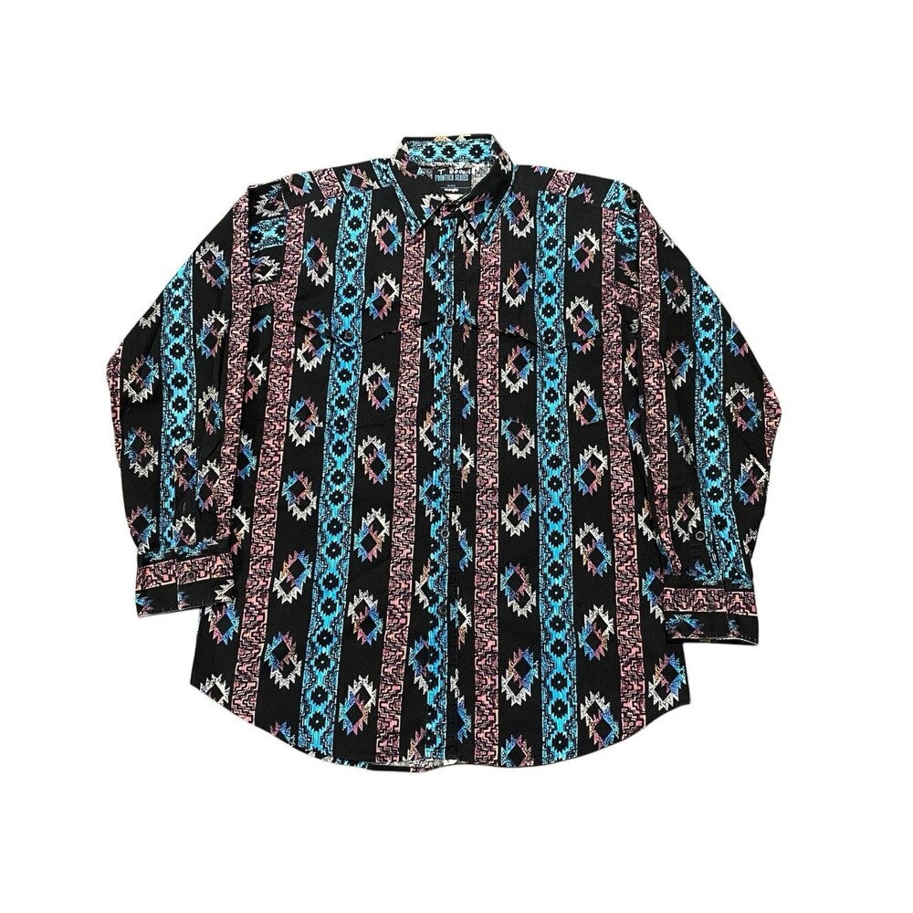 VTG 90s Wrangler Frontier Aztec Western Cowboy Shirt Black 16-16.5 Men's Large